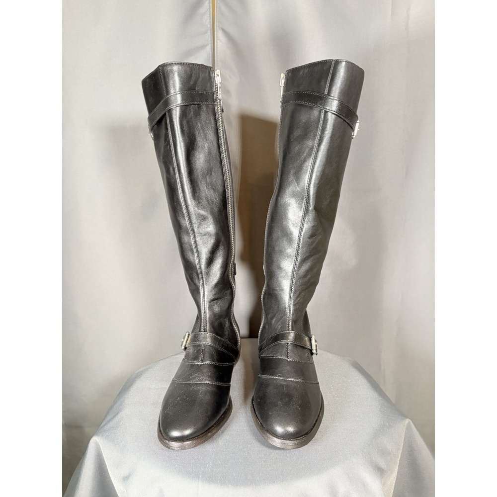 COACH Micha Black Leather Riding Boots Knee High Buckle Straps Size 8 B EUC
